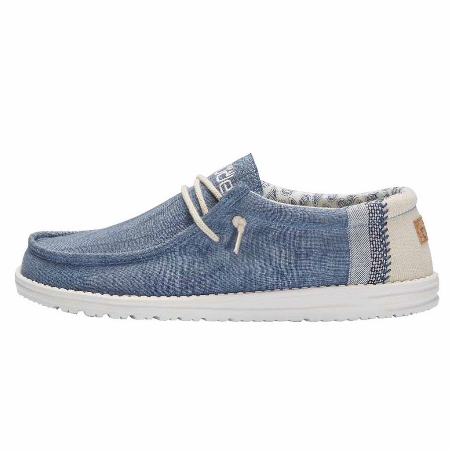 Men's Hey Dude Wally Canvas Shoes Beige Blue | RUBJT-2164